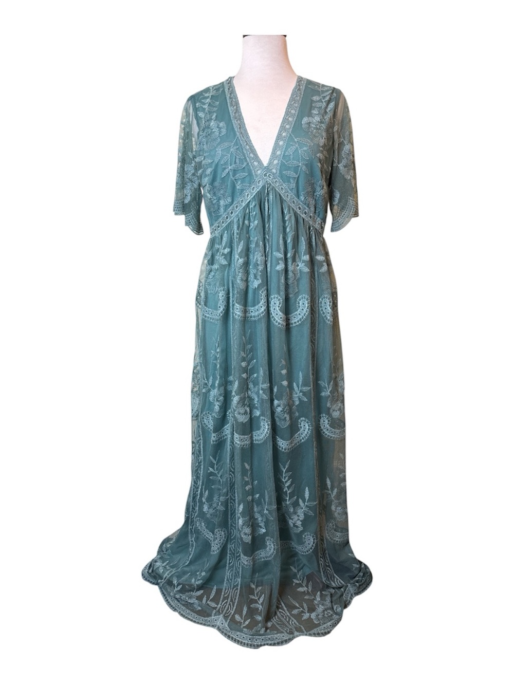 Pinkblush Teal Sage  V-Neck  Lace Mesh Maxi Dress Size L Zipper Cottagecore